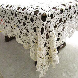 Hand Crochet Lace Cotton Tablecloth Rectangle 70 x 78 Vintage Art Deco Circles